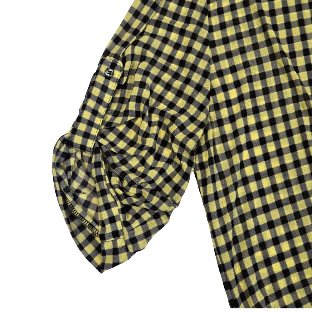 Black & yellow plaid gingham oversized ruched button up short sleeve shirt MD - Picture 3 of 6
